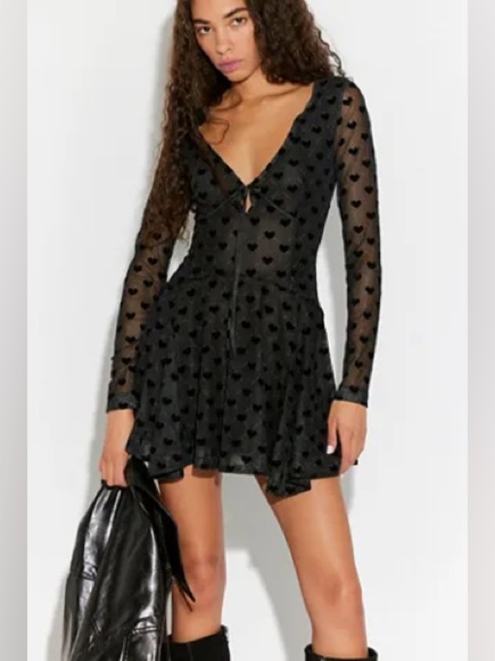 NWT Free People Black Sheer Heart-Print Sway With Me Flocked Mini Dress XS